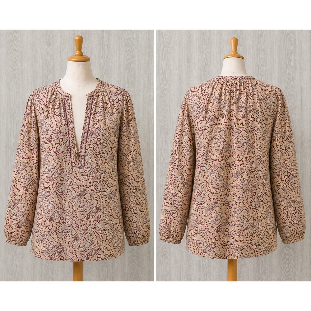 Maison Hotel Blouse Women Paisley Block Print Peasant Red Boho Henley Top XS